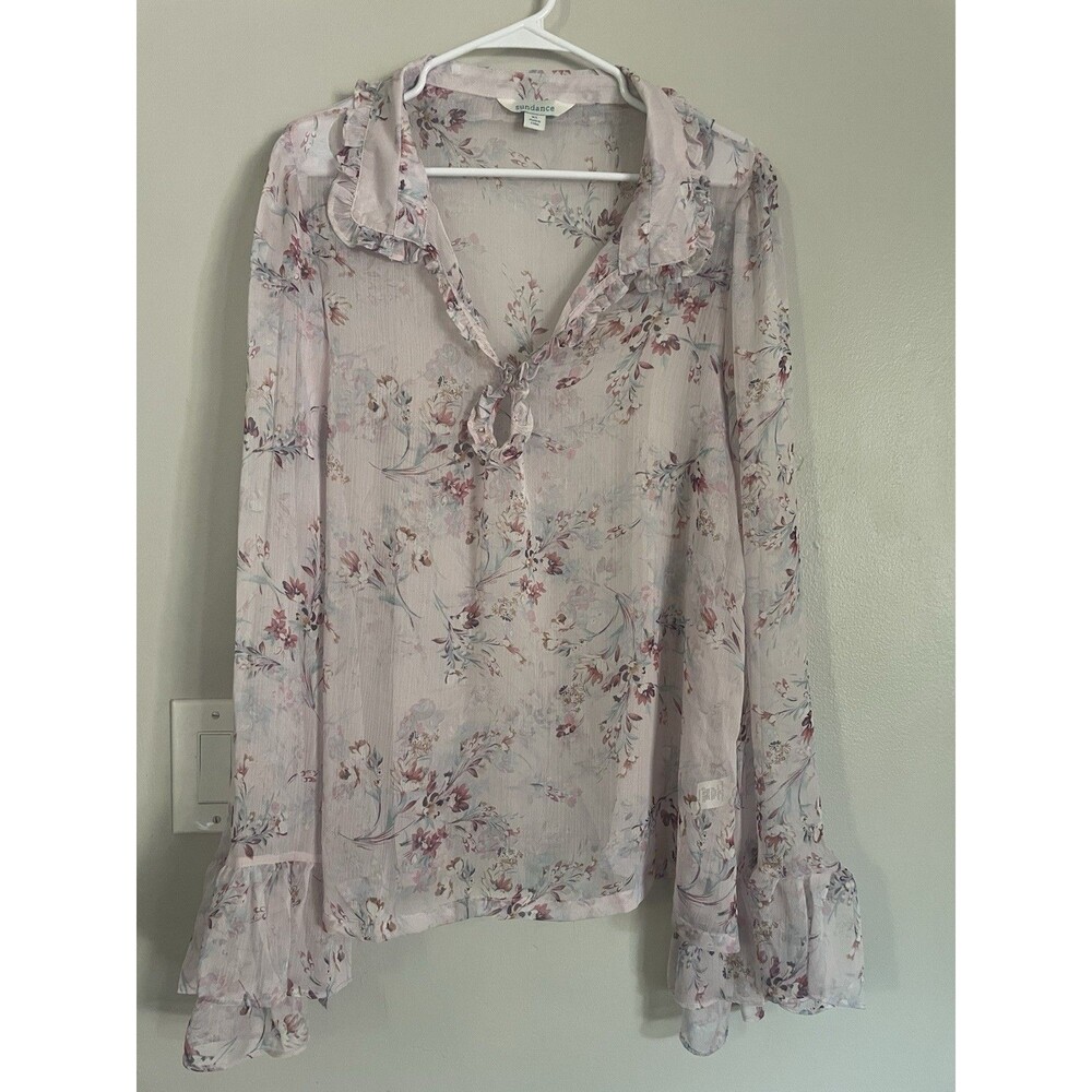 Sundance Pink Floral Print Sheer Ruffle Trim Blouse Boho Peasant Top Chiffon XL